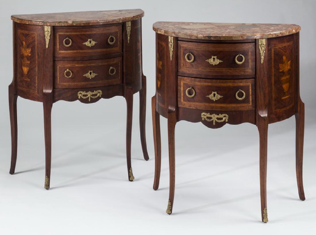 (2) Early 20 c. marble top inlaid demilune cabinets (1 of 3)