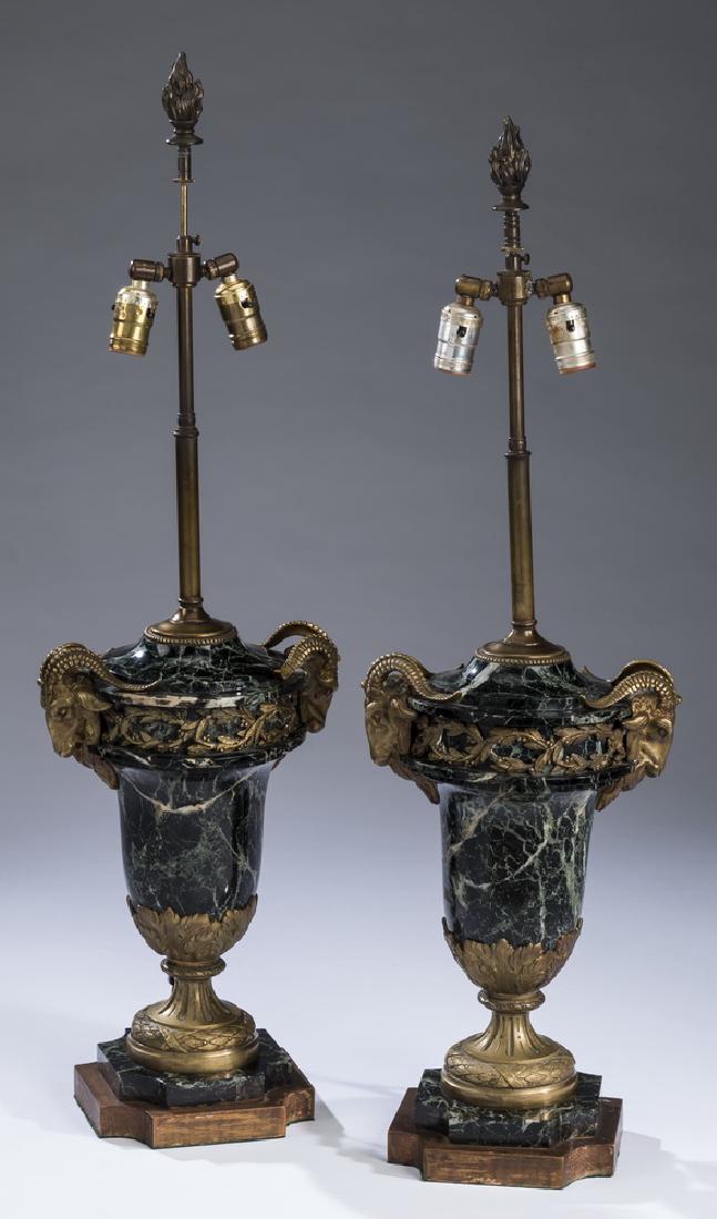 (2) 19th c. gilt bronze & marble cassolette lamps (1 of 5)