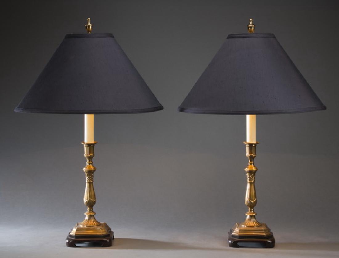 (2) Brass candlestick table lamps with fabric shades (1 of 1)