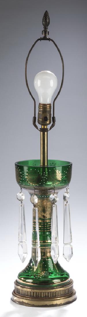 Victorian emerald glass lustre lamp, 29"h (1 of 2)