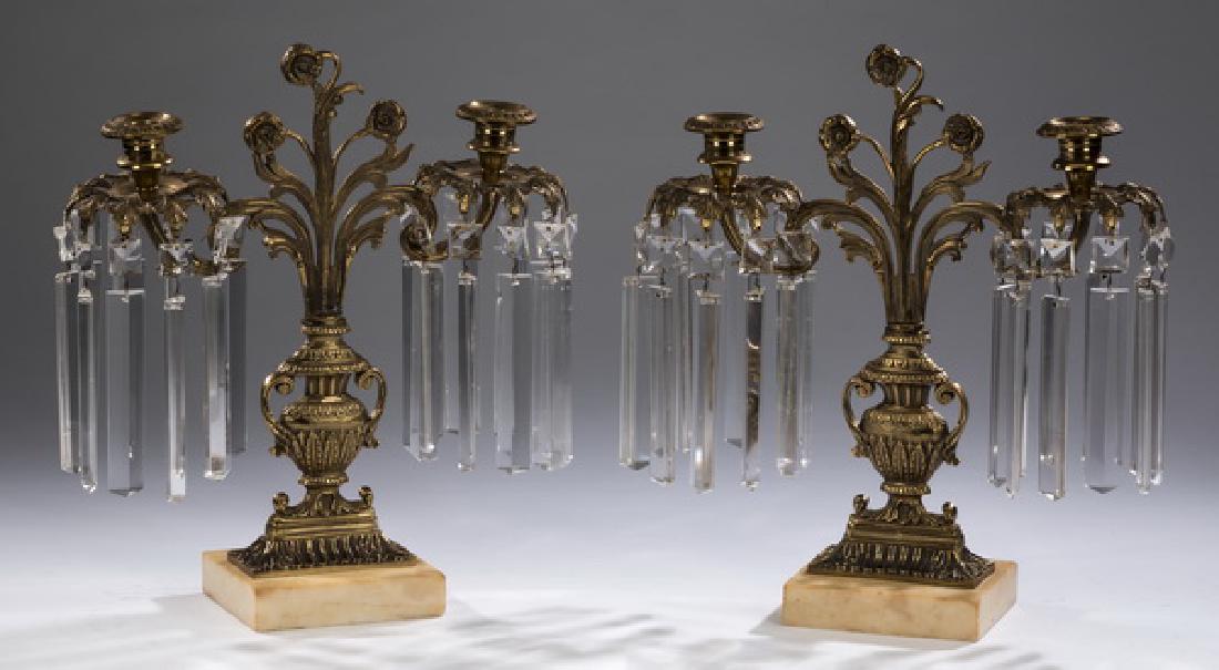 (2) Victorian gilt brass and crystal girandoles, 14"h (1 of 5)