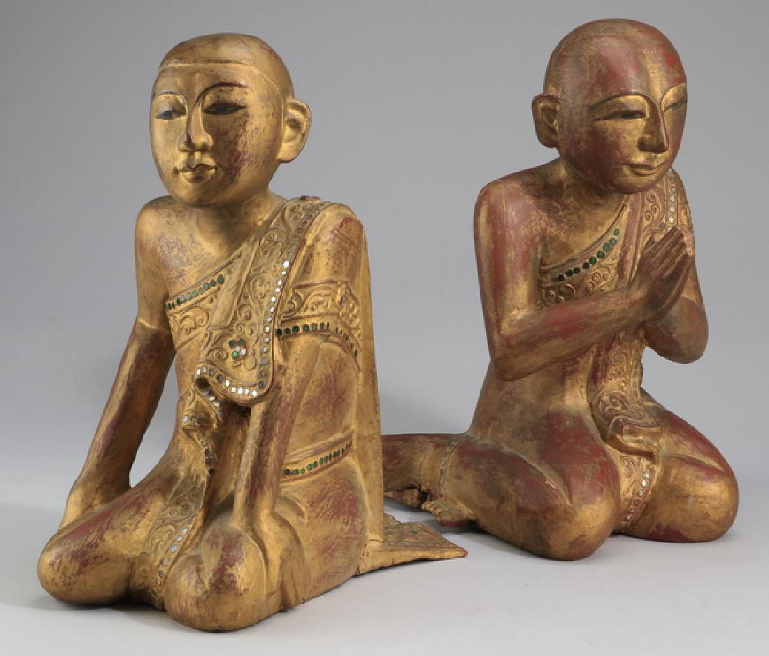 (2) Burmese carved gilt wood seated figures, 13"h (1 of 3)