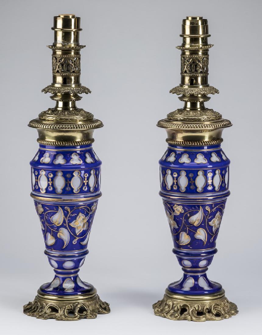(2) 19th c. Bohemian cobalt & white glass lamps, 23"h (1 of 2)