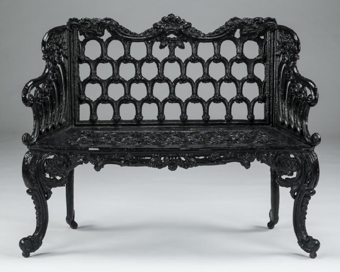 Rococo style painted cast iron garden settee, 44"w (1 of 3)