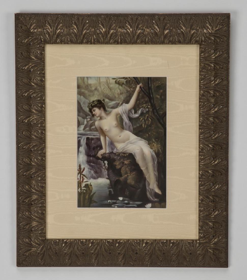 Art Nouveau KPM porcelain plaque, marked: Art Nouveau KPM porcelain plaque, of rectangular form, having a hand painted scene of a nude water nymph resting in a bucolic scene with a waterfall, trees, and pond with lily pads, with impressed mar