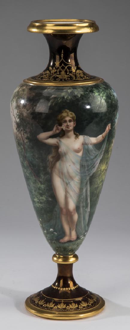 Royal Vienna porcelain vase, marked, signed Wagner: Signed, hand painted German porcelain vase, by Royal Vienna, having a gilt dished rim above a trumpet neck decorated in raised gilt foliate motifs on a caramel lustre ground, surmounting a shouldered 
