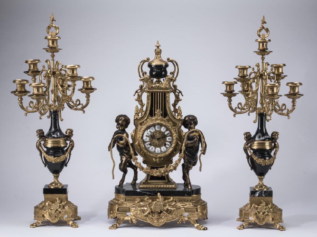 Franz Hermle black marble and bronze clock garniture (1 of 7)
