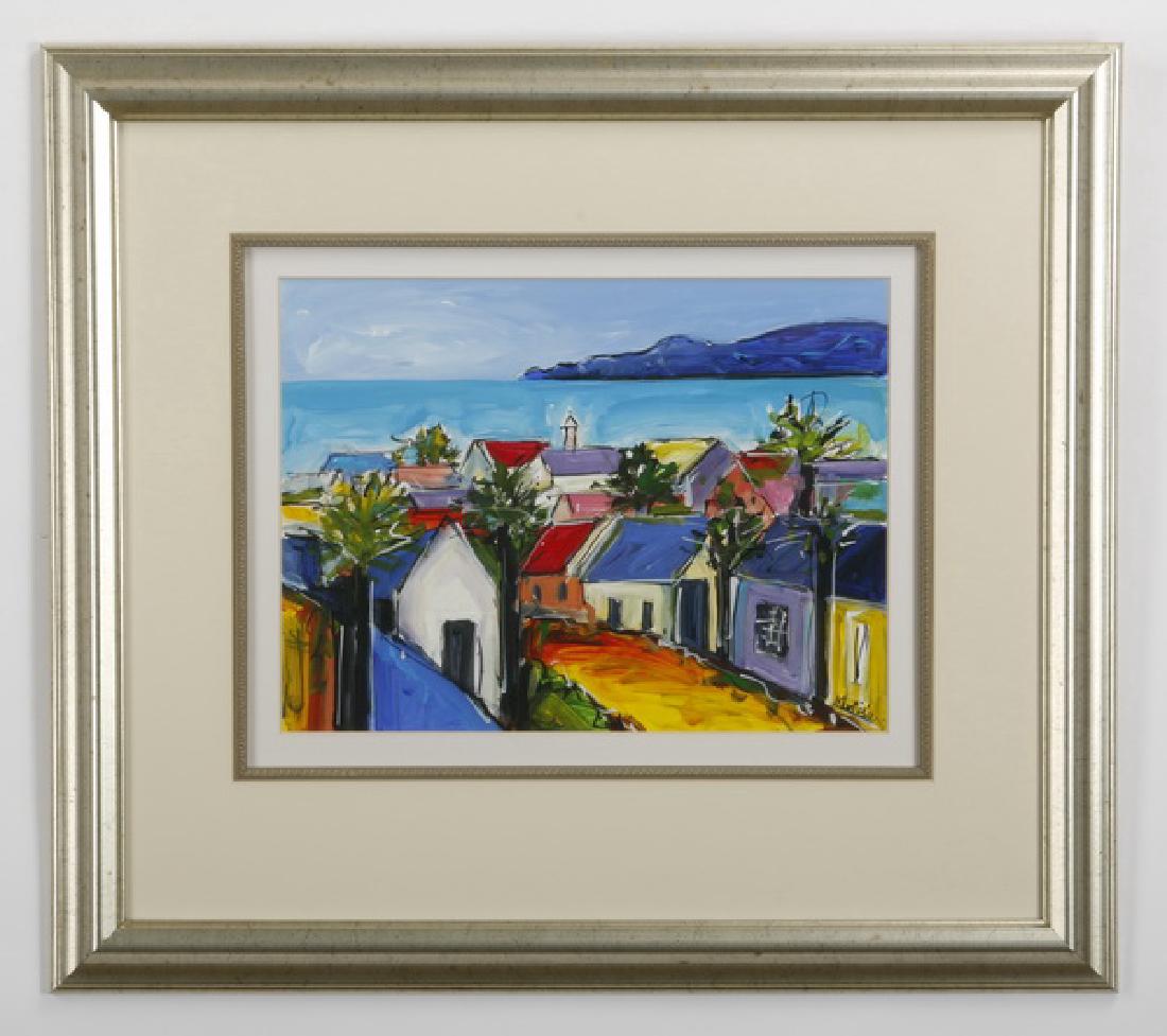 Caribbean streetscape, mixed media, signed: Contemporary mixed media depicting a Caribbean street view, artist signed lower right illegibly, 12"h x 15.5"w, overall size including frame 24.5"h x 27.75"w x 1.25"d.