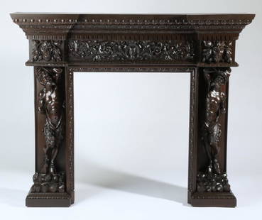 19th c. Italian figural carved mantel, after Frullini: 19th century Italian carved walnut mantel, in the manner of Luigi Frullini, (Italian, 1839-1897), the mantel shelf with an egg and dart border surmounting a relief carved frieze of scrolling foliate