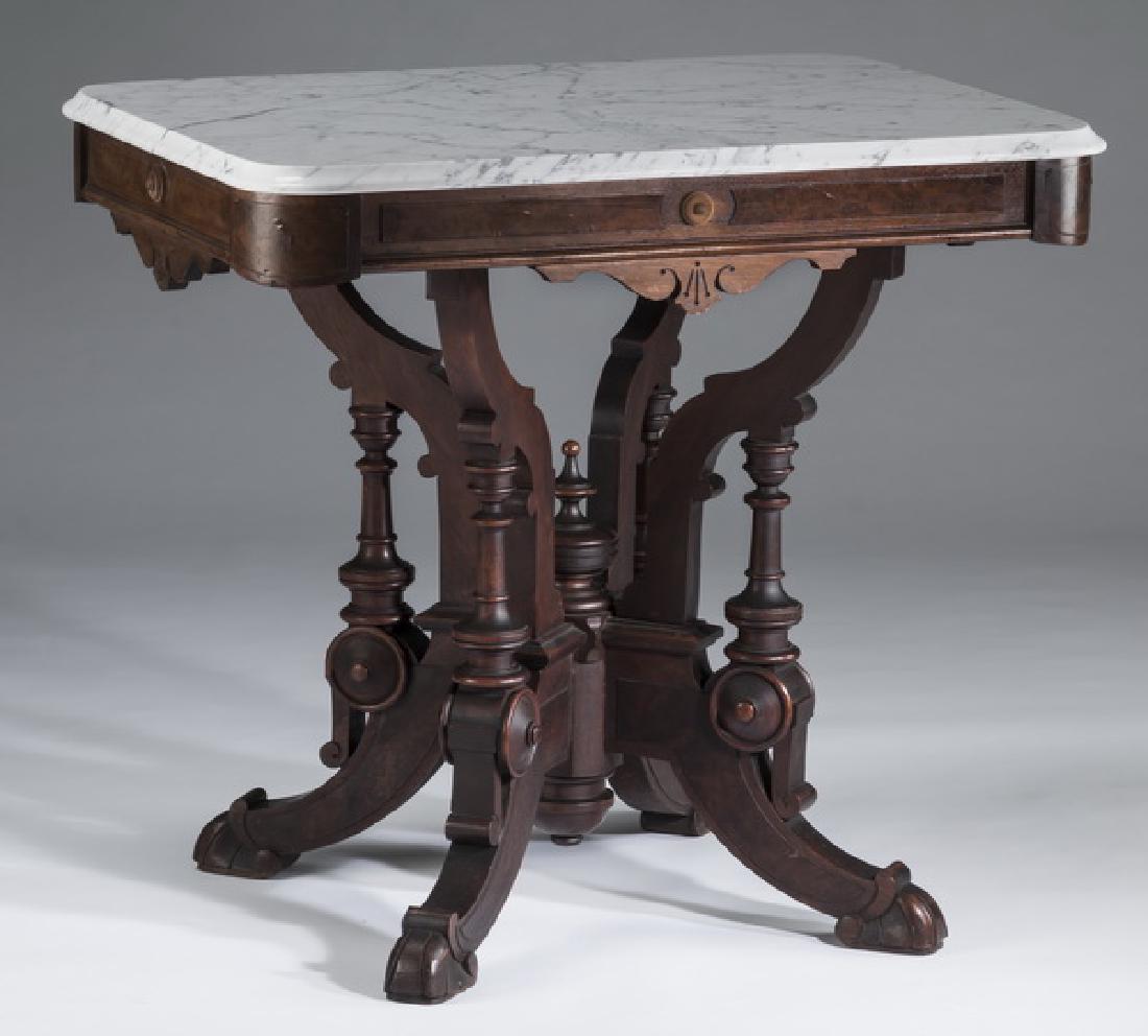 19th c. walnut marble top parlor table, 32"l (1 of 3)