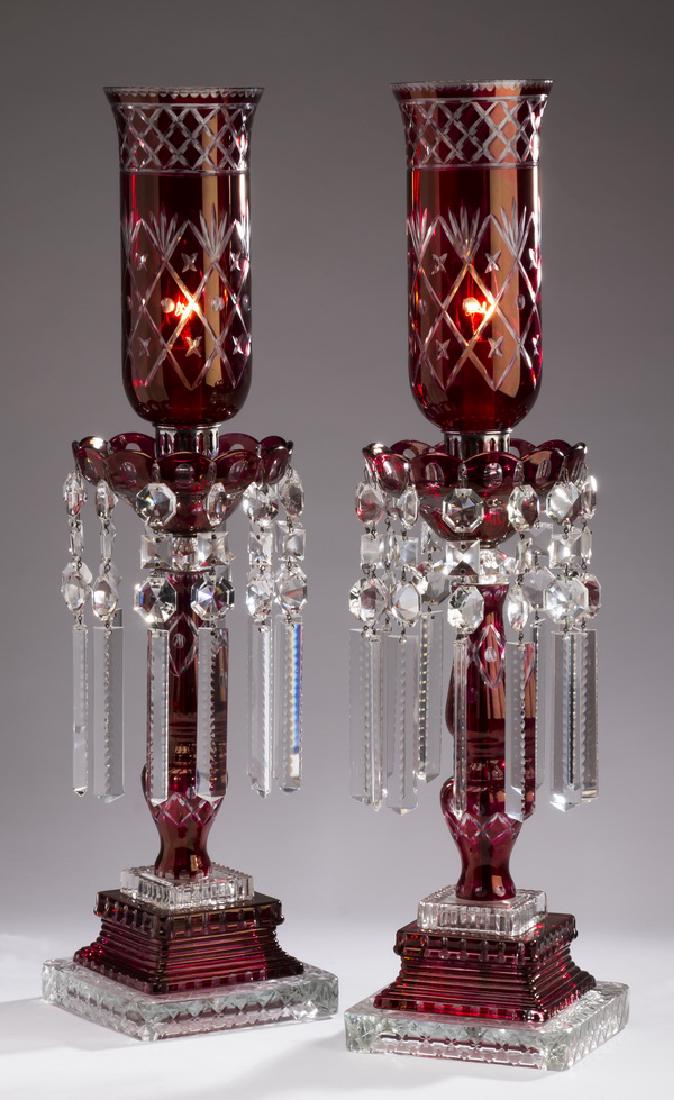 Pair of cranberry-to-clear crystal hurricane lamps (1 of 1)