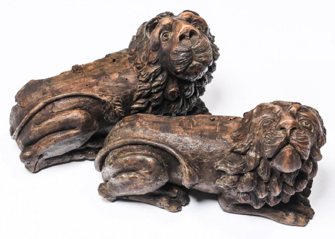 (2) 19th c. carved oak recumbent lions, 7"h x 11"'w (1 of 1)