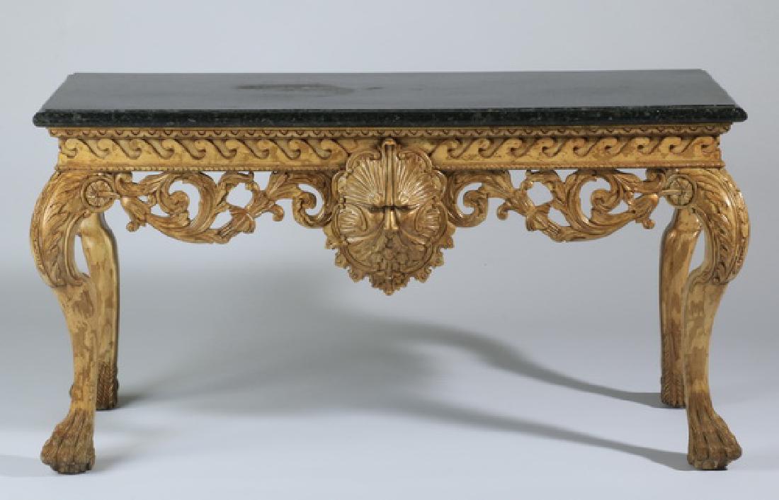 Paint decorated console w/ marble veneer top, 55"l (1 of 3)