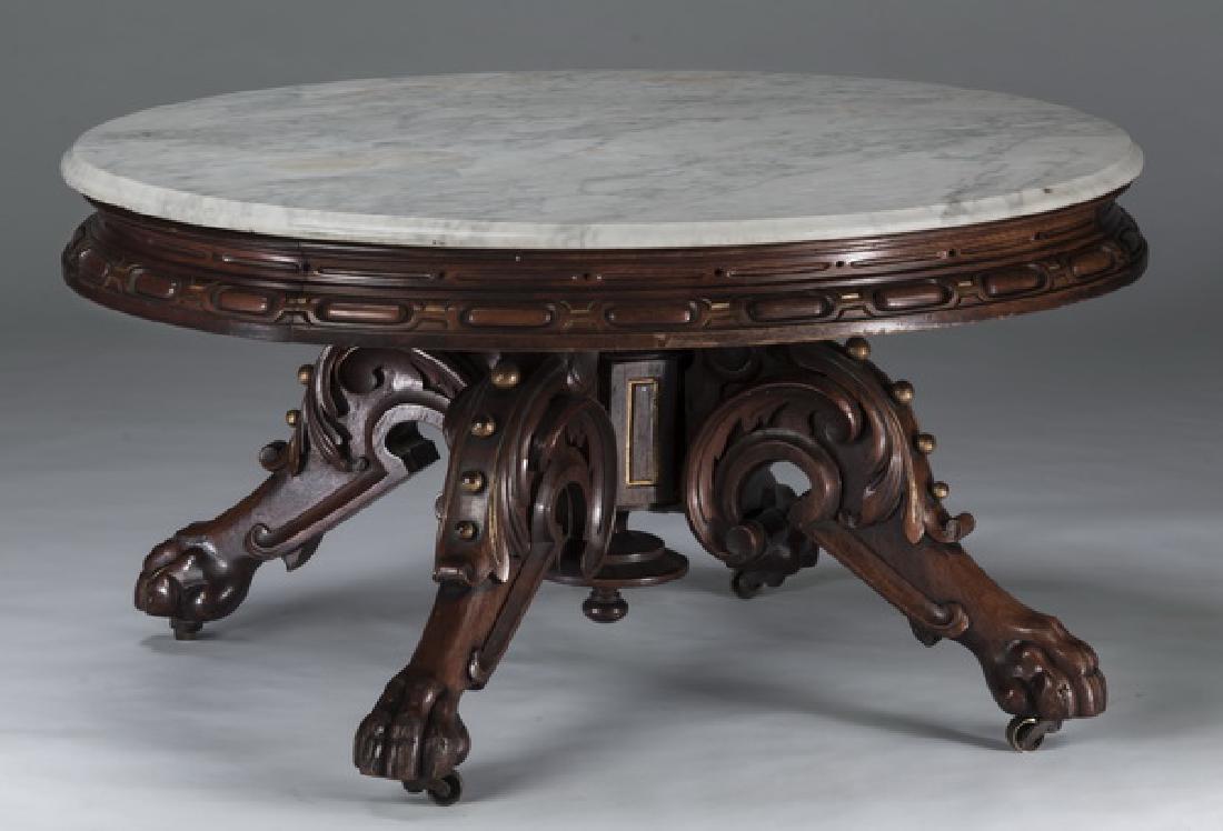 19th c. American marble top cocktail table, 37"l (1 of 2)