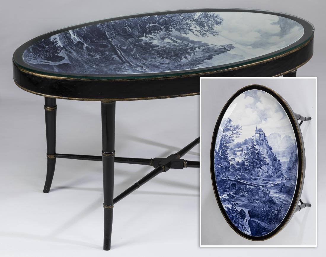 Delft porcelain tray table with custom stand, 34"l (1 of 3)