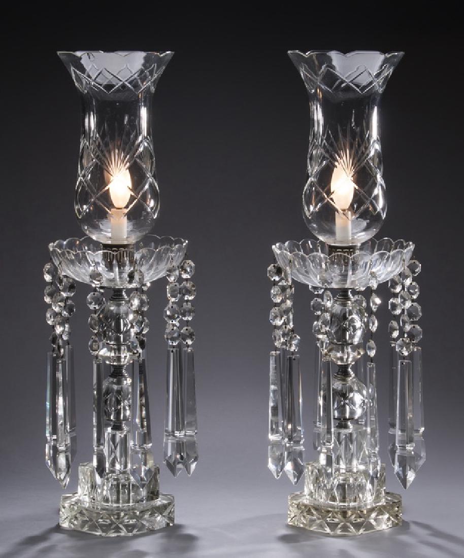 Pair of 19th c. crystal hurricane lustre lamps, 26"h (1 of 3)