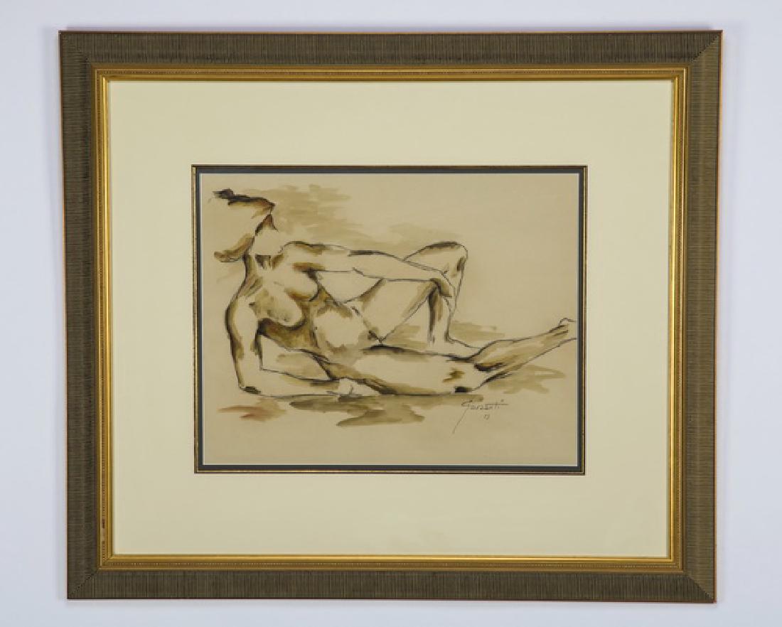 Contemporary drawing of reclining nude, signed: Contemporary watercolor, charcoal and wash on wove paper depicting an abstract rendering of a reclining nude, artist signed and dated 'Garanti '83' at lower right, 15"h x 19.25"w sight, overall dimens