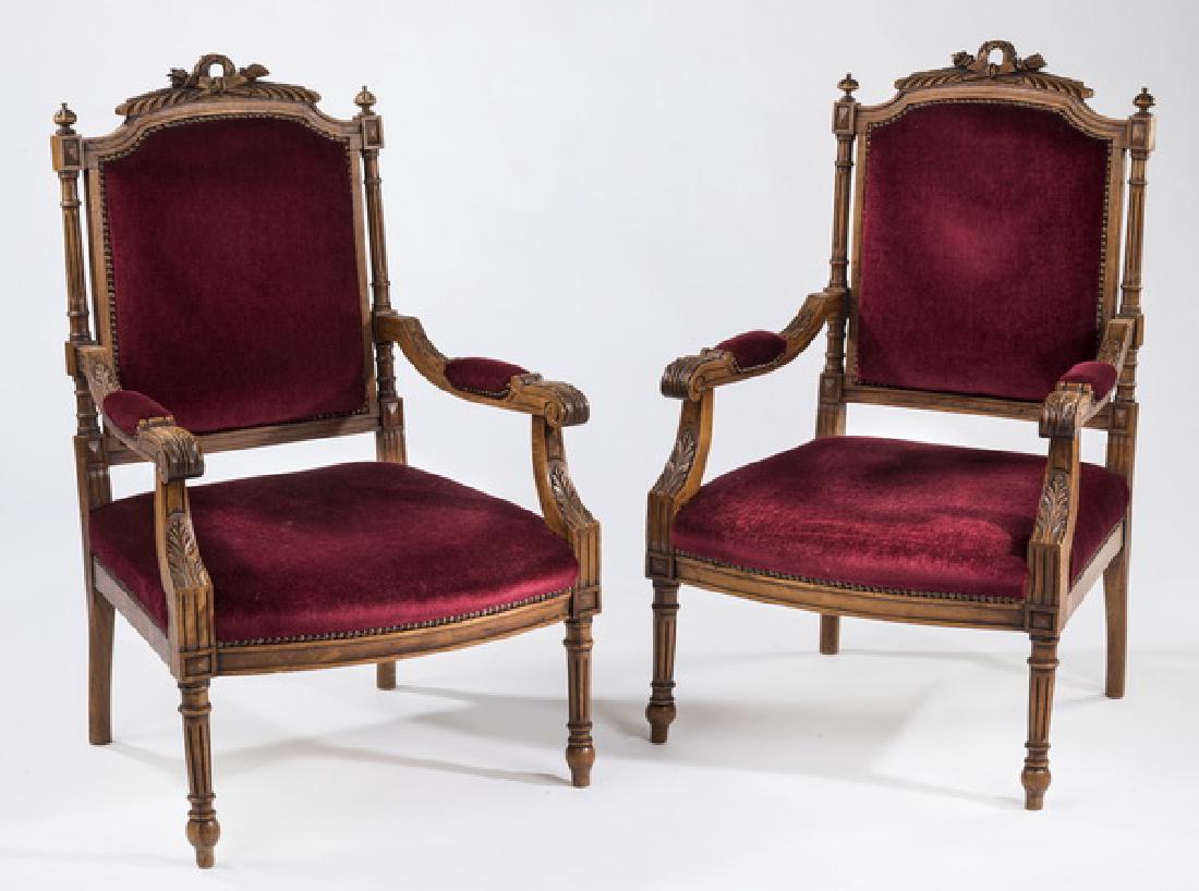 (2) 19th c. carved walnut armchairs in velvet (1 of 2)