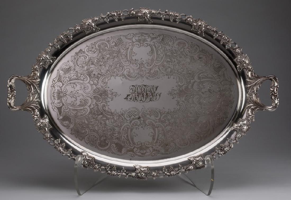 Gorham silverplate tray, marked, 30"w (1 of 3)