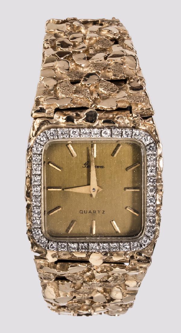 Men's diamond & 14k nugget Geneva watch, 8.5"l