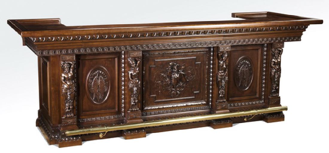 Carved mahogany front bar w/ architectural panels (1 of 10)
