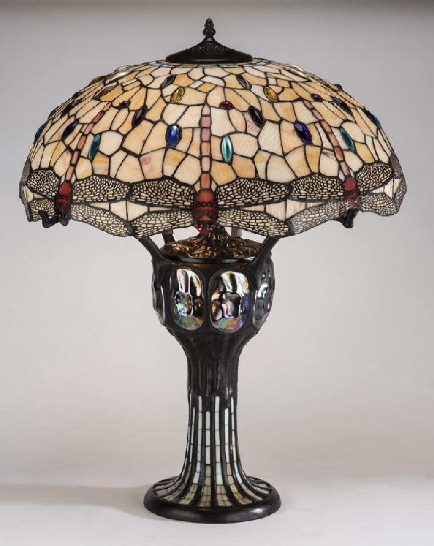 Arts and Crafts style mosaic glass dragonfly lamp (1 of 2)