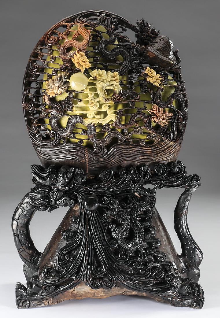 Chinese Xiuyan jade figural carving, 27"h