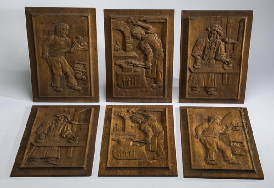 (6) Medieval style relief carved oak panels w/figures (1 of 8)