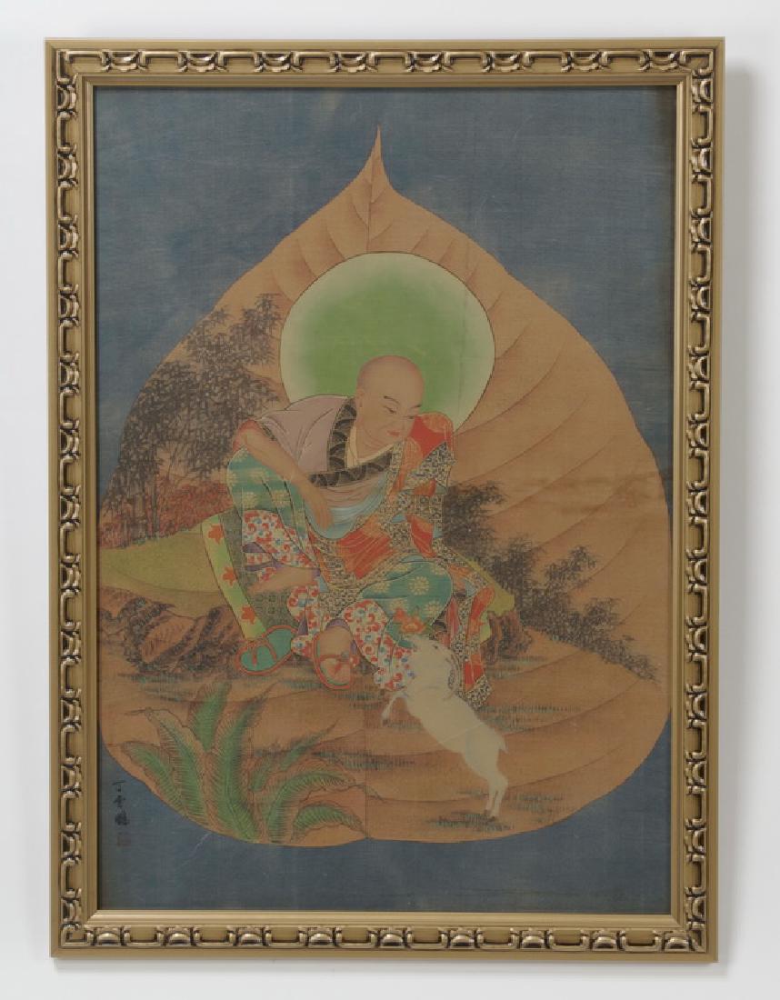 Tibetan thangka depicting a scholar and a ram, 39"h: Tibetan thangka depicting a medical scholar, likely Zurhar Nyamyi Dorje, dressed in robes and seated in a landscape, the figure reaches down to accept a red lotus flower from a white ram, the whole on