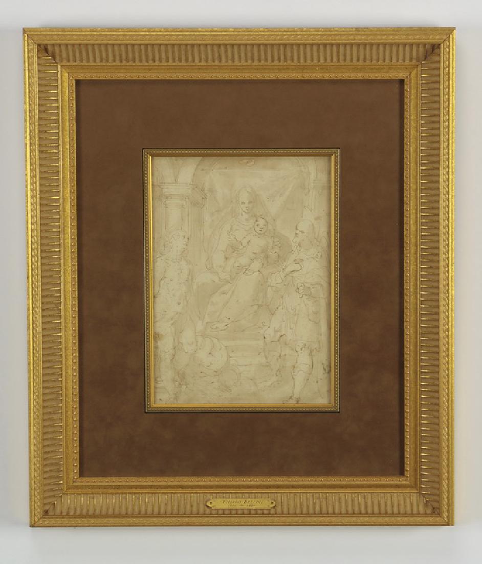 Filippo Bellini (15th c.) pen & ink 'Madonna & Child': Filippo Bellini (Italian 1550-1604) pen and ink and wash on paper titled 'Madonna and Child with St. Roch and St. Sebastian,' 10.5"h x 8.25"w, overall size including frame 21.5"h x 18.5"w x 2.25"d.