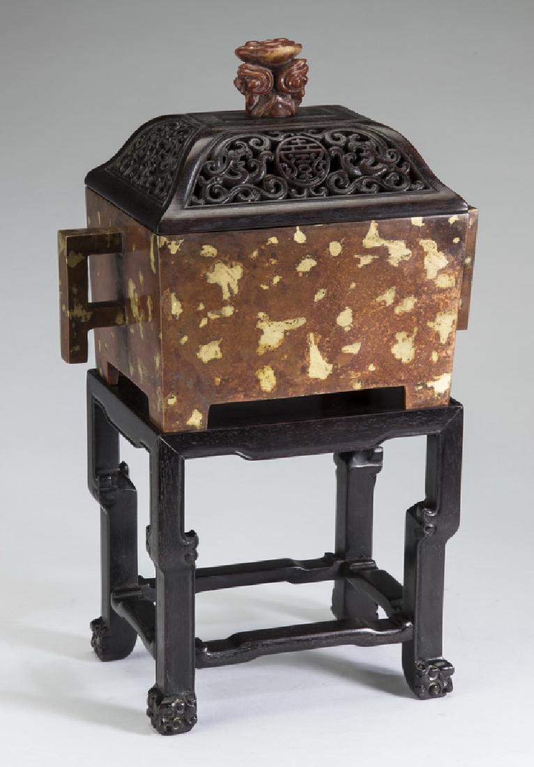 Chinese gilt splash bronze censer w/ stand, 13"h (1 of 5)