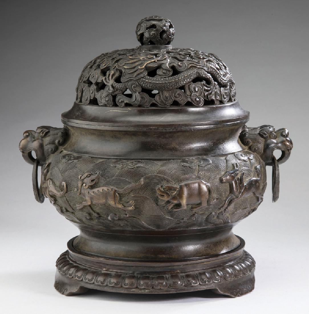 Chinese patinated bronze lidded censer (1 of 9)