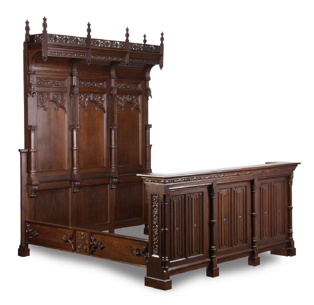 Massive 19th c. French carved oak king size bed (1 of 9)
