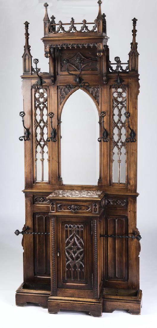 19th c. French Gothic Revival carved walnut hall tree