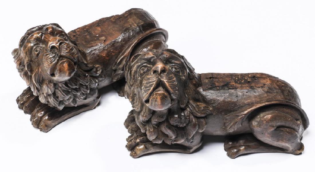 (2) 19th c. carved oak recumbent lions, 7"h x 11"'w (1 of 1)