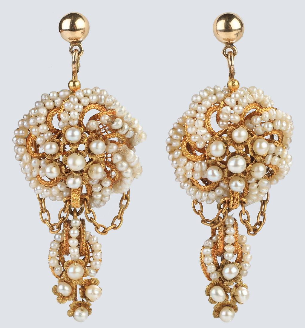 19th c. seed pearl & 21k gold ear pendants, 1.75"l (1 of 2)