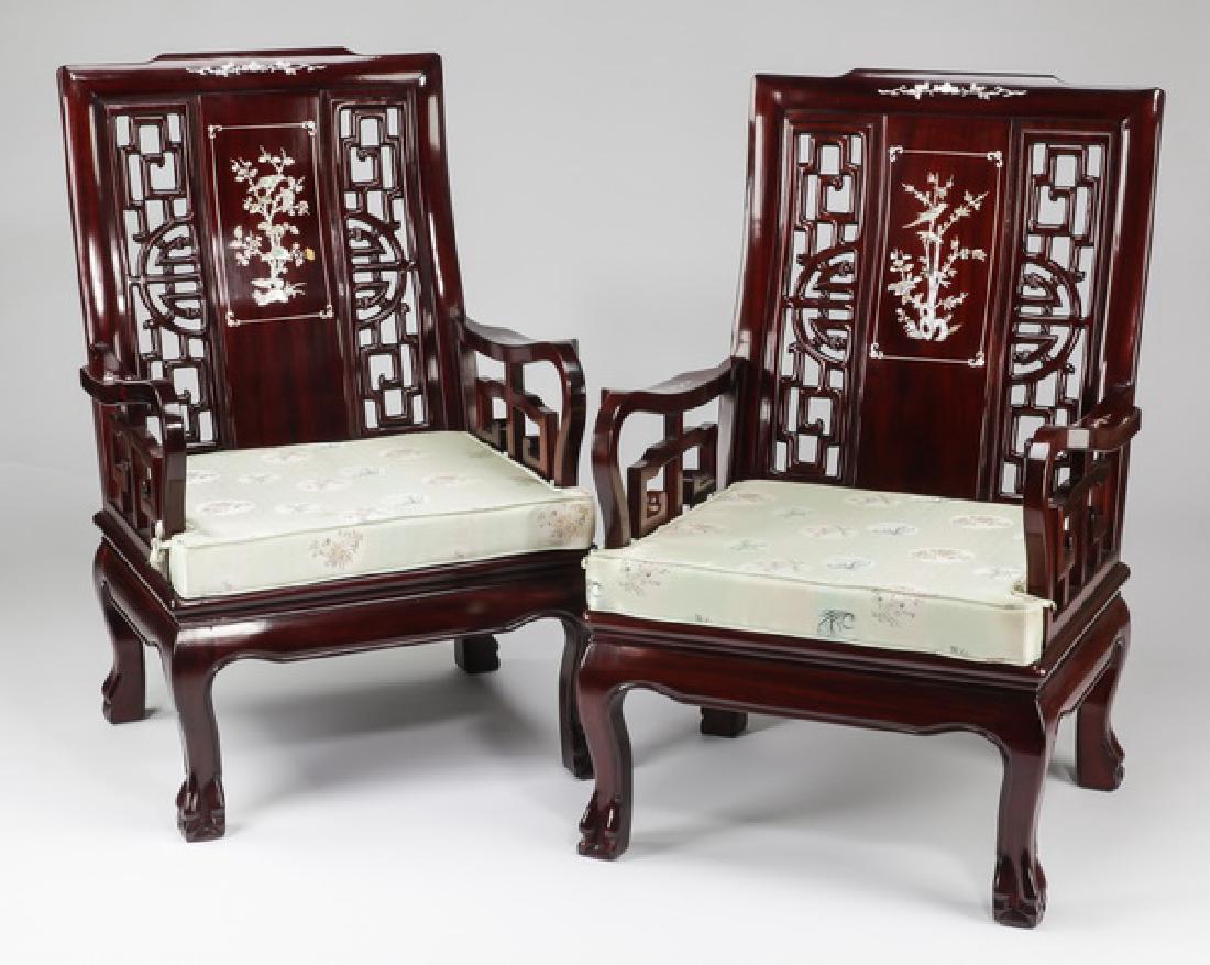 (2) Chinese rosewood armchairs with mother-of-pearl (1 of 7)