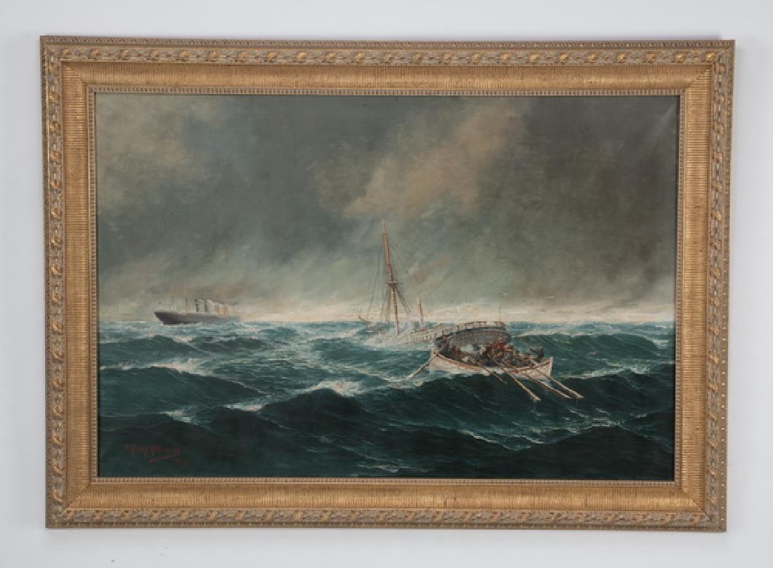 J. H Mohrmann maritime O/c, 'Rescue at Sea,' signed: John Henry Mohrmann (American, 1857-1916), oil on canvas titled 'Rescue at Sea,' depicting the rescue of passengers from the sinking 'Eugene Borda, Rockland U.S.A,' by a vessel from the Antwerp Red St
