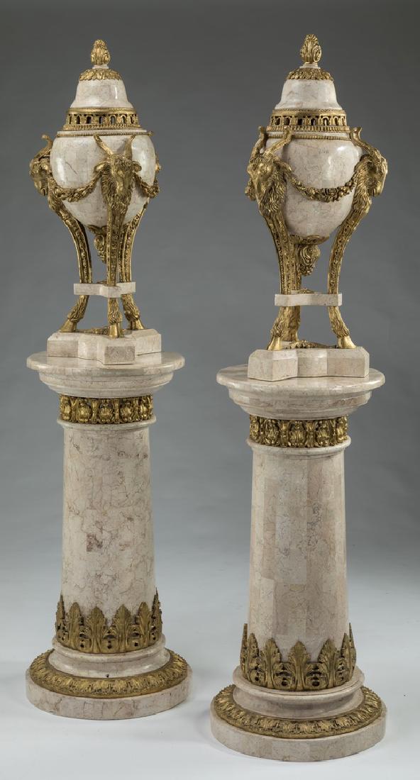 (2) Louis XVI style marble urns and pedestals, 67"h (1 of 2)