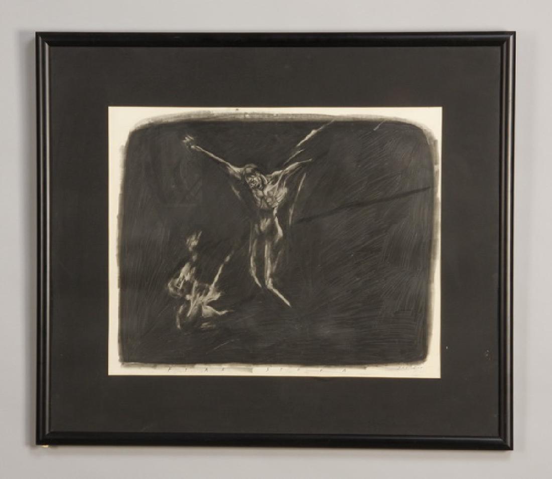 Sue Coe signed graphite on paper, "Fire Storm": 20th century graphite on paper titled on label en verso, "Fire Storm by Sue Coe", (American-New York b. 1952), 20"h x 22"w, overall size including frame 30"h x 34.5"w x 1.5"d