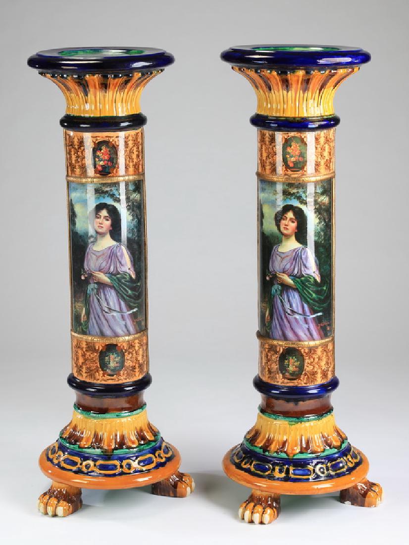 (2) Majolica polychrome pedestals, 47"h (1 of 7)