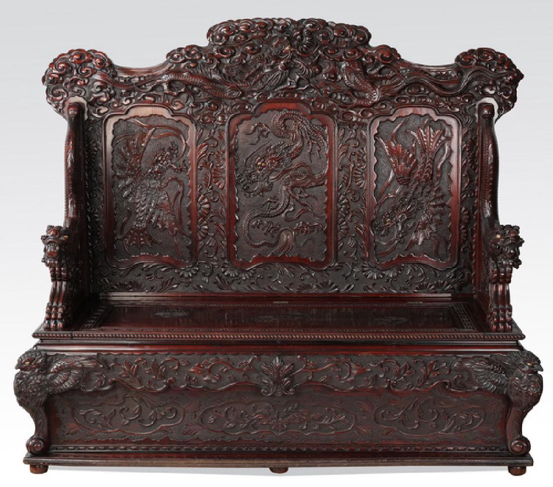 Chinese carved dragon-form hall bench, 63"w (1 of 10)