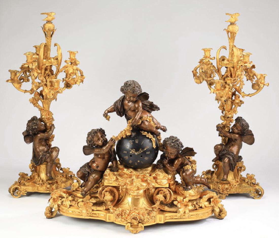 19th c  figural French ormolu clock garniture, 34"h (1 of 10)