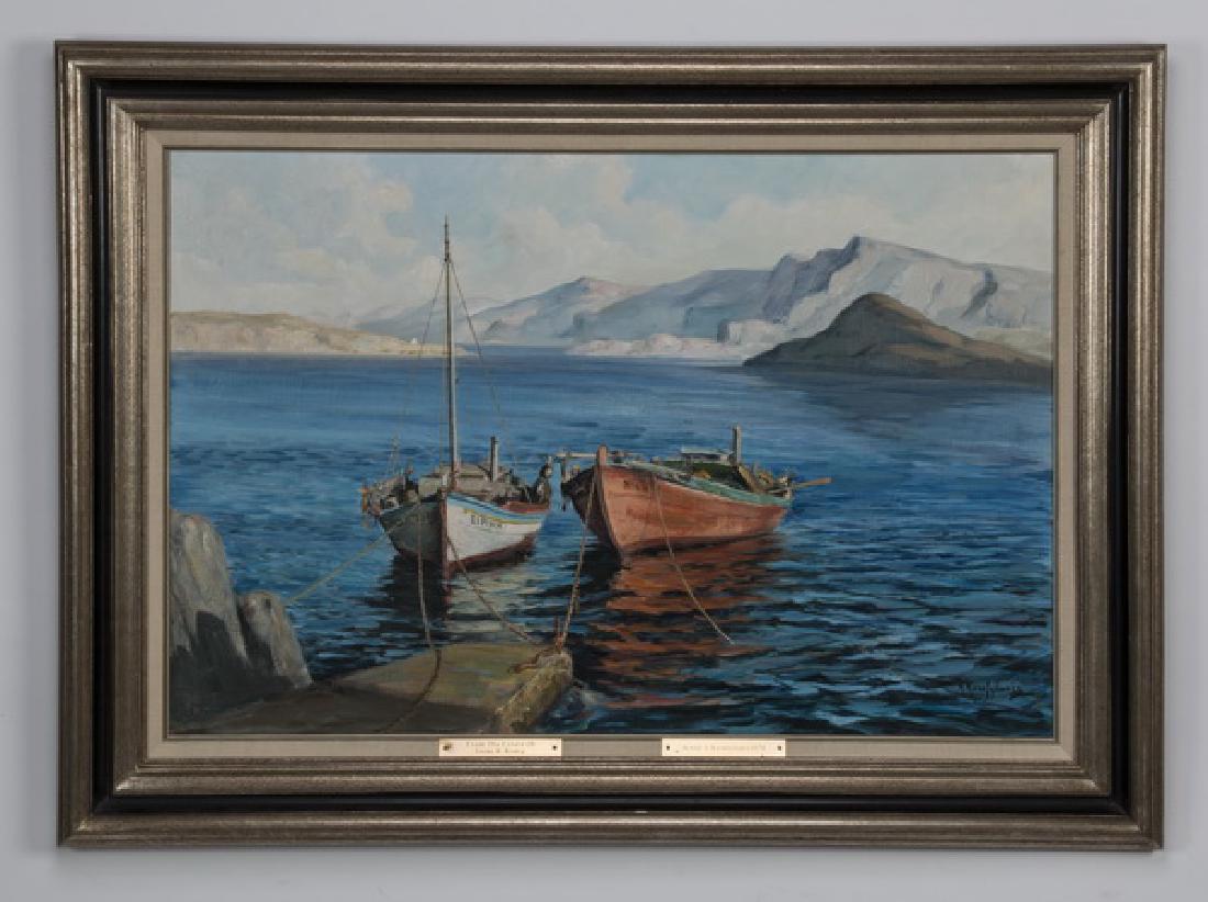 A. Karafyllakis signed O/c two boats in Greek harbor (1 of 4)