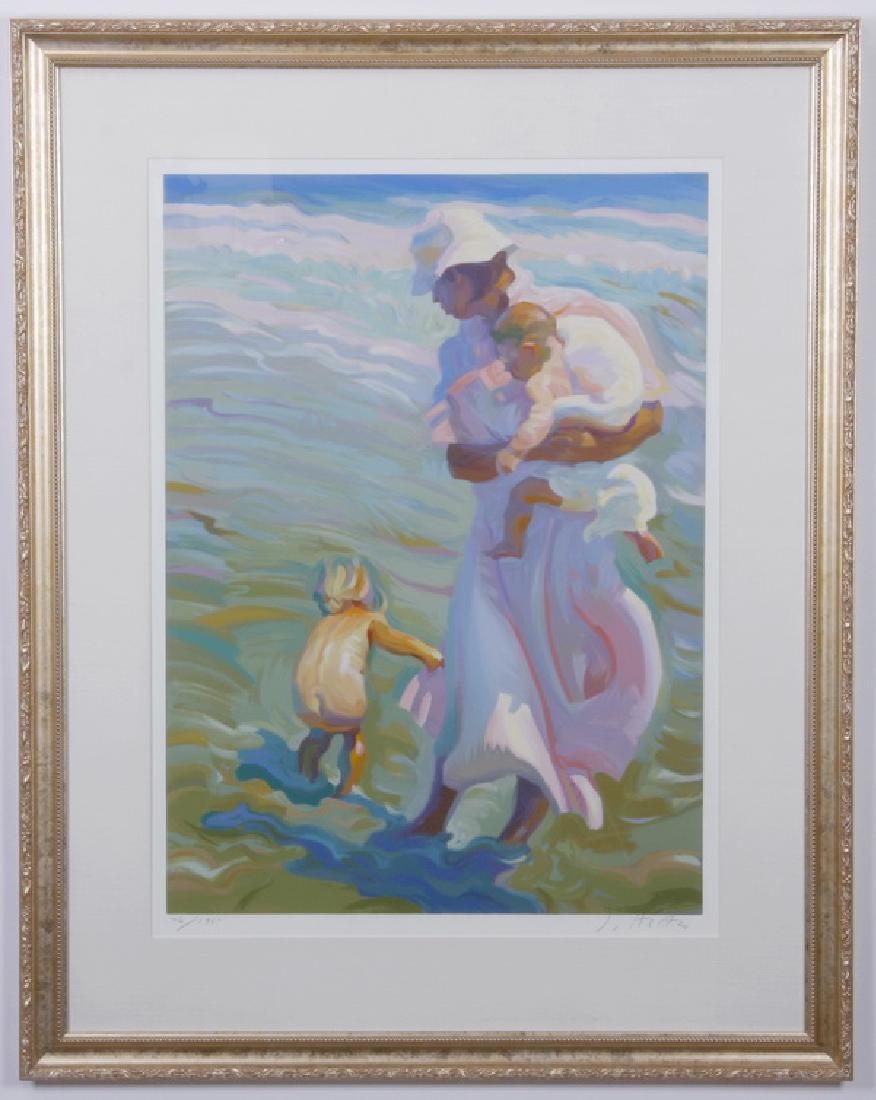 John Asaro signed, numbered lithograph, 47"h: Late 20th century limited edition lithograph depicting a mother and her children at the beach, numbered lower left 76/195 and artist signed John Asaro (American, b.1937) in pencil lower right, 46.75"h