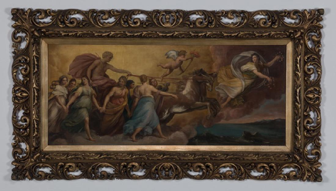 After Guido Reni, 'Apollo in his Chariot' O/b, 56"w: After Guido Reni (Italian,1575-1642), oil on canvas mounted to board depicting Apollo in his Chariot Preceeded by Aurora, 19"h x 44"w, overall size including frame 31.5"h x 56"w x 1.5"d. The original 