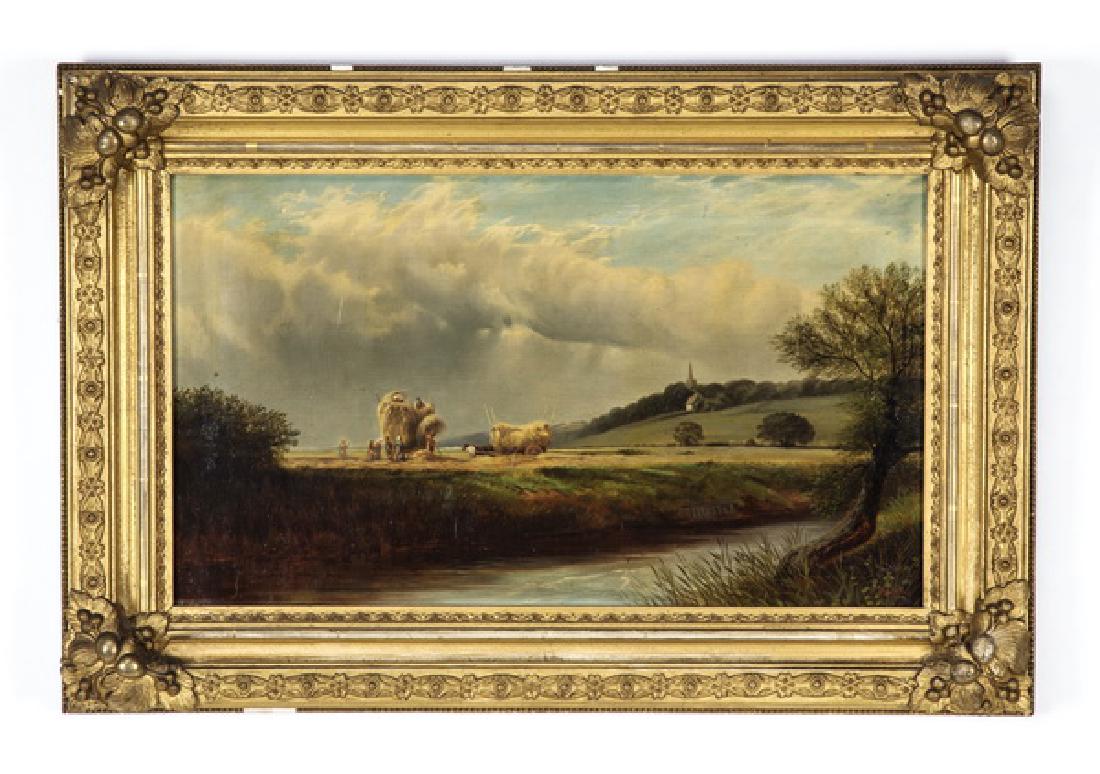 Pastoral English School O/c of hay carts, signed (1 of 4)