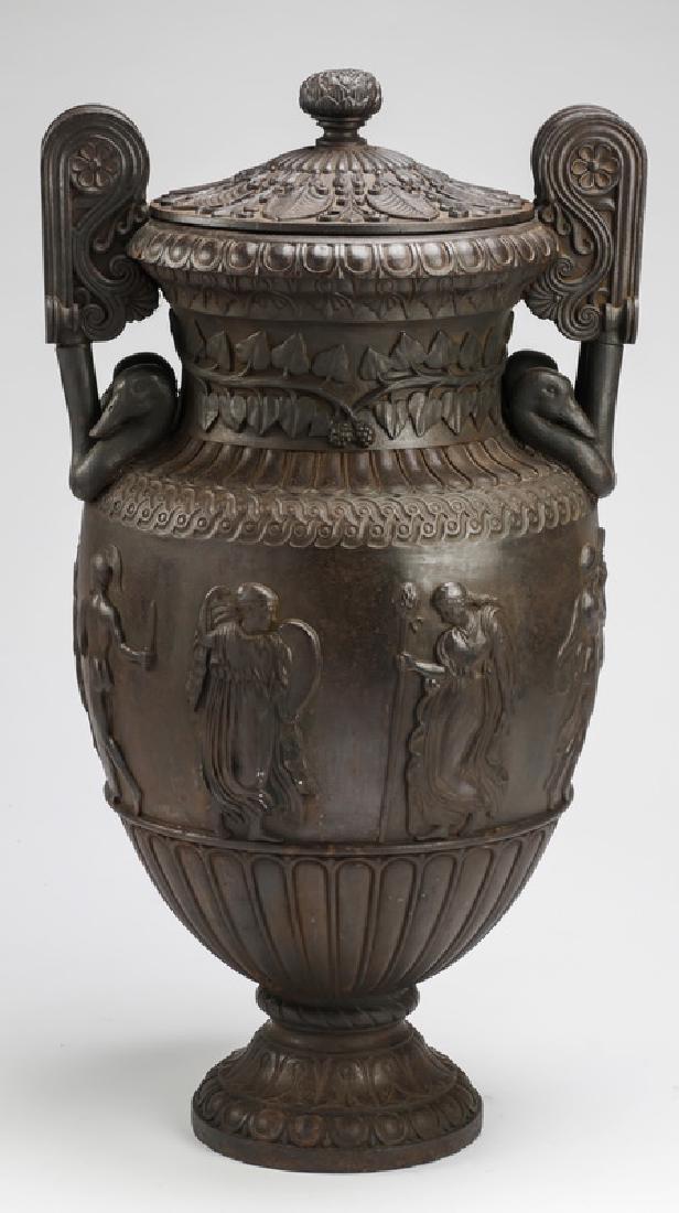 Classical style cast iron urn w/ Greek gods, 31"h (1 of 5)