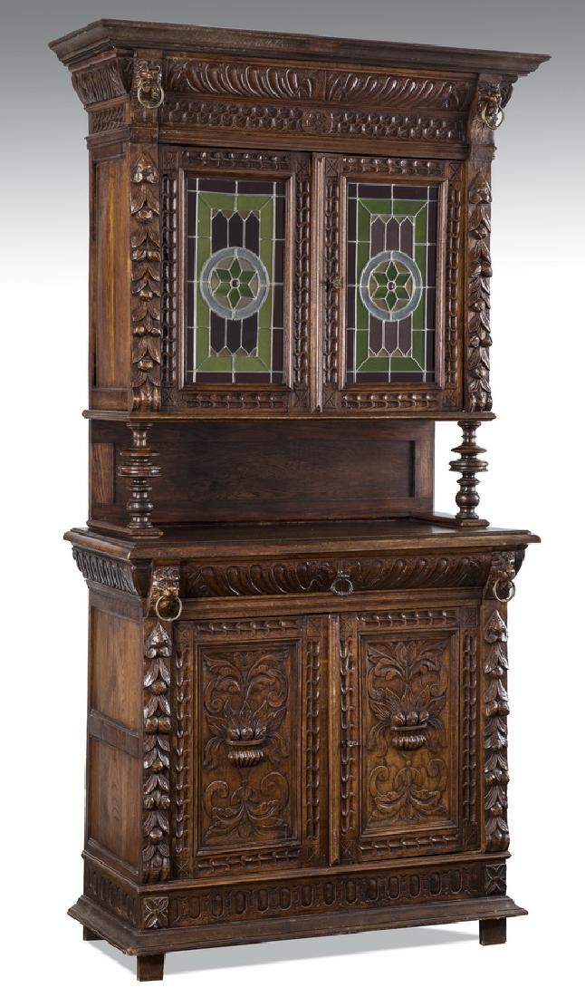 19th c. Belgian carved oak cabinet w/ stained glass (1 of 6)