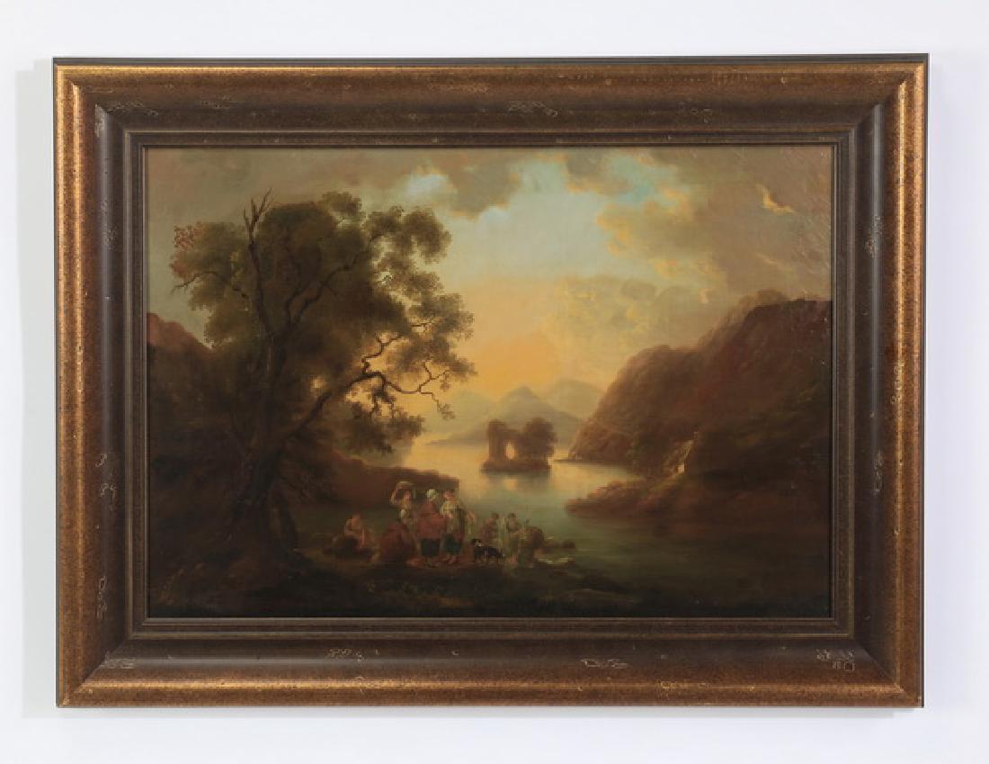 S. Delior signed O/c of washerwomen by a lake, 19th c (1 of 3)